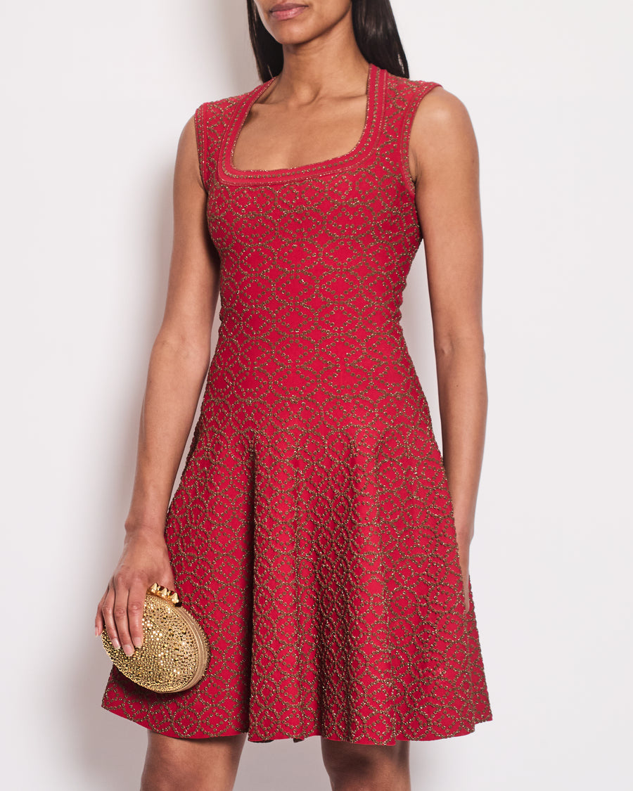 Alaïa Red Jacquard Print Halter Neck Midi Dress Size FR 36 (UK 8)