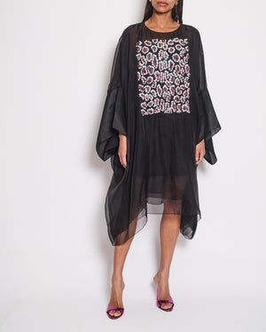 Christian Dior Black Long Sleeve Cape Dress with Pink Sequins Floral Detail Size FR 38 (UK 10)RRP4500£