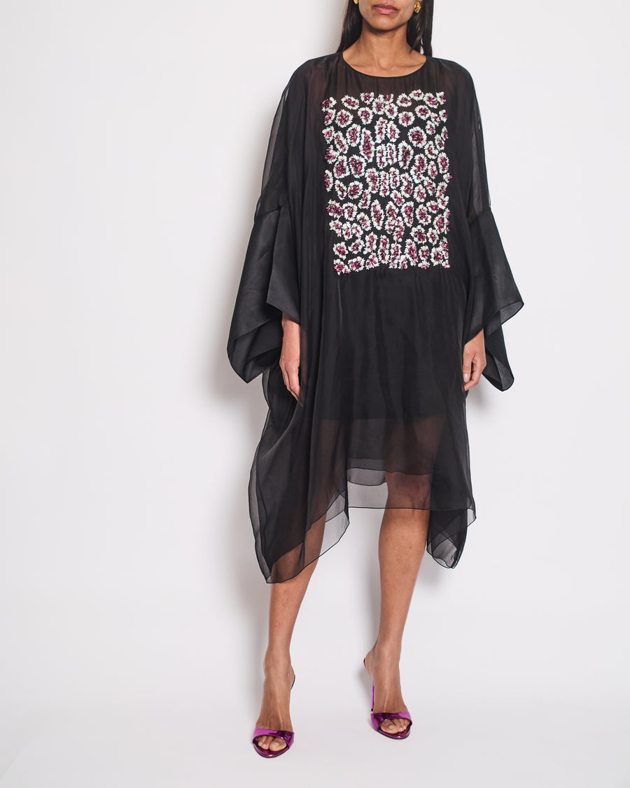 Christian Dior Black Long Sleeve Cape Dress with Pink Sequins Floral Detail Size FR 38 (UK 10)RRP4500£