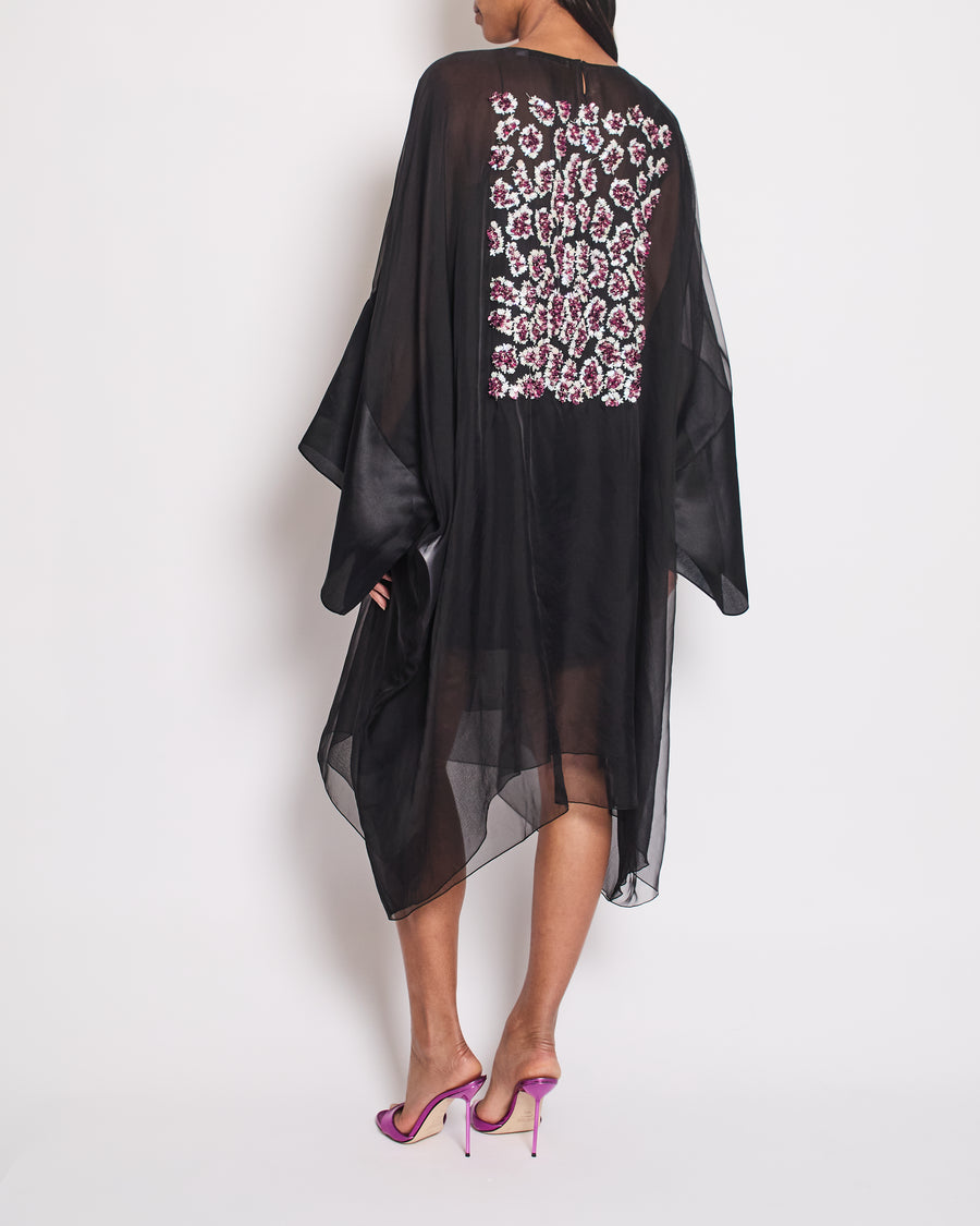 Christian Dior Black Long Sleeve Cape Dress with Pink Sequins Floral Detail Size FR 38 (UK 10)RRP4500£