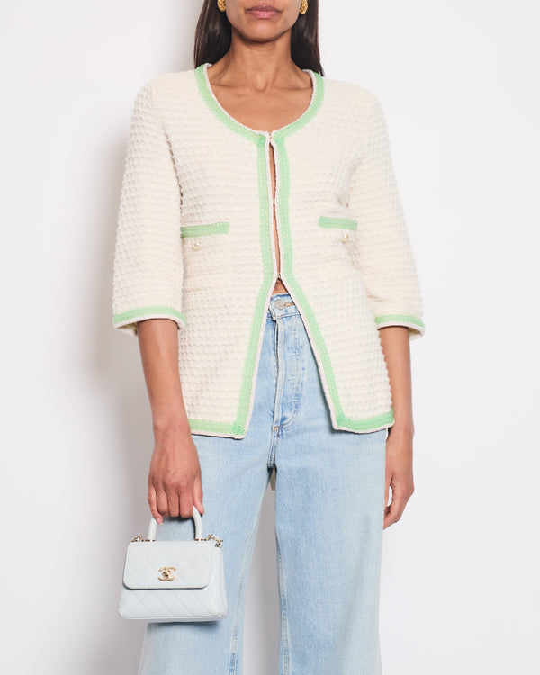 Chanel Cream Cashmere Belted Cardigan With Lilac 
Green Woven Trim and Pearl Details Size FR 42 (UK 14)