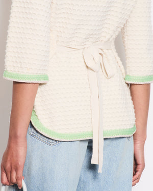 Chanel Cream Cashmere Belted Cardigan With Lilac 
Green Woven Trim and Pearl Details Size FR 42 (UK 14)