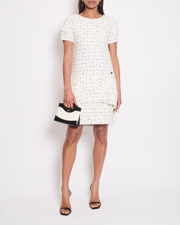 Chanel White 
Black Tweed Mini Dress With Frill Detail Skirt Size FR 38 (UK 10)