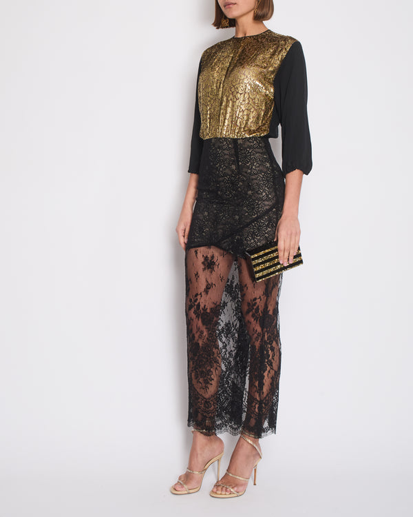 Alessandra Rich Black Gold Metallic Long Sleeve Gown with Lace Detail Size M (UK 10)