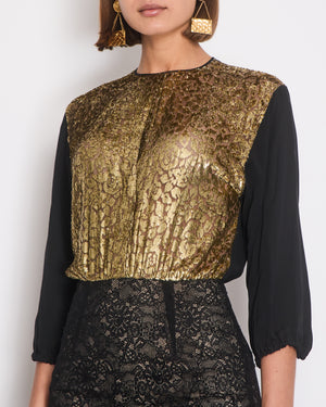 Alessandra Rich Black Gold Metallic Long Sleeve Gown with Lace Detail Size M (UK 10)