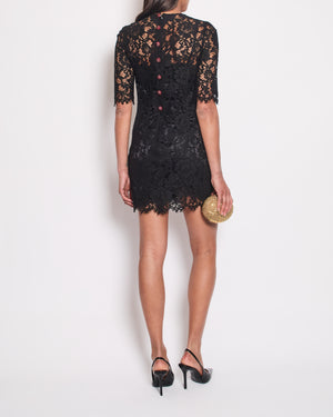 Dolce 
Gabbana Black Lace Short Sleeve Dress with Red Crystal Button Details Size IT 40 (UK 8)