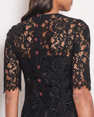 Dolce 
Gabbana Black Lace Short Sleeve Dress with Red Crystal Button Details Size IT 40 (UK 8)