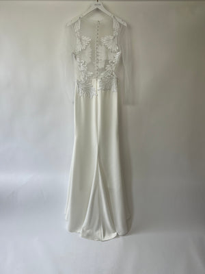 Nadine Merabi White Long Sleeve Gown Dress with Mesh Embellishments Size (UK 12)