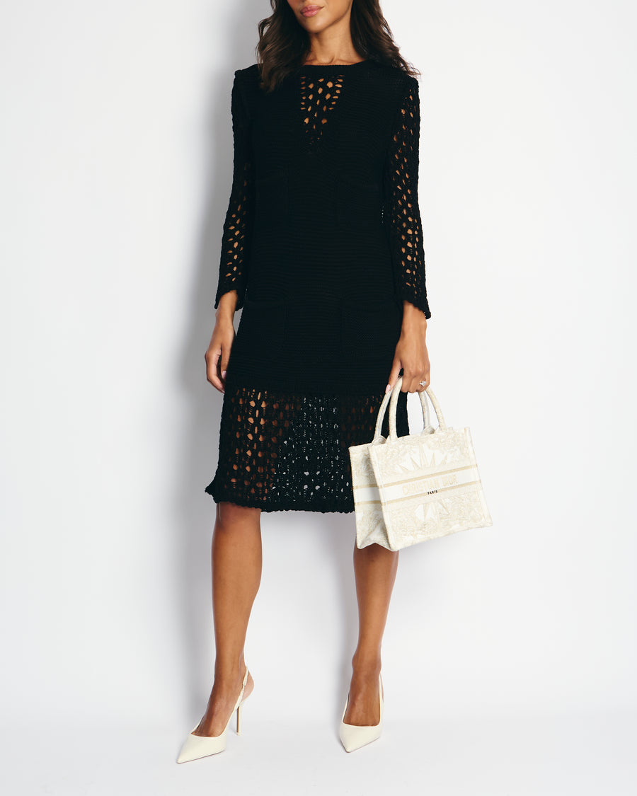 Chanel Black Crochet Long Sleeve Dress with Pearl Button Back Detail Size FR 38 (UK 10)