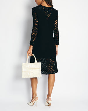 Chanel Black Crochet Long Sleeve Dress with Pearl Button Back Detail Size FR 38 (UK 10)