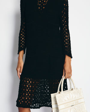 Chanel Black Crochet Long Sleeve Dress with Pearl Button Back Detail Size FR 38 (UK 10)