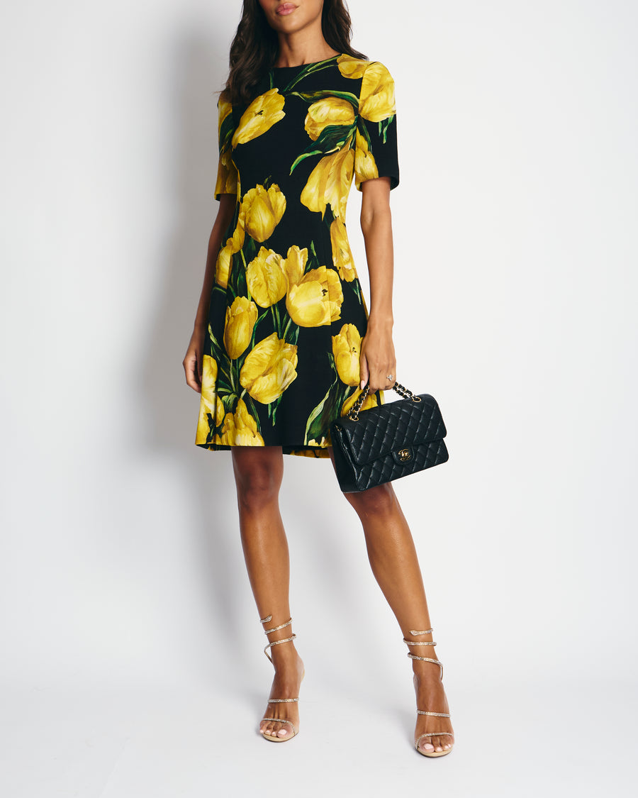 Dolce 
Gabbana Black and Yellow Floral Print Short Sleeve Dress IT 40 (UK 8)