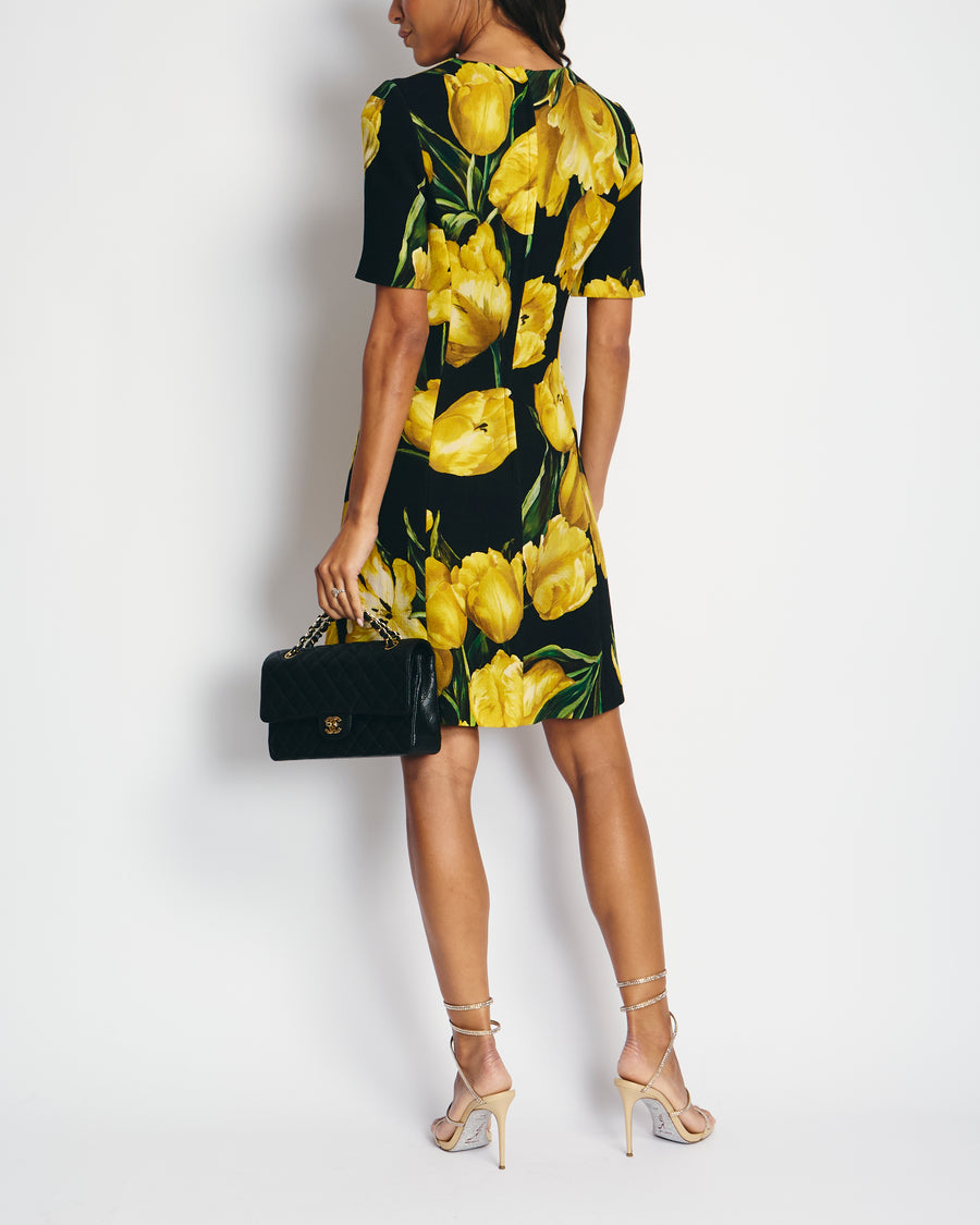 Dolce 
Gabbana Black and Yellow Floral Print Short Sleeve Dress IT 40 (UK 8)