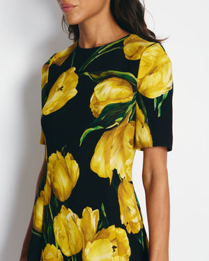 Dolce 
Gabbana Black and Yellow Floral Print Short Sleeve Dress IT 40 (UK 8)