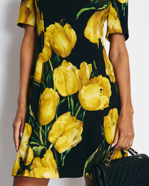 Dolce 
Gabbana Black and Yellow Floral Print Short Sleeve Dress IT 40 (UK 8)