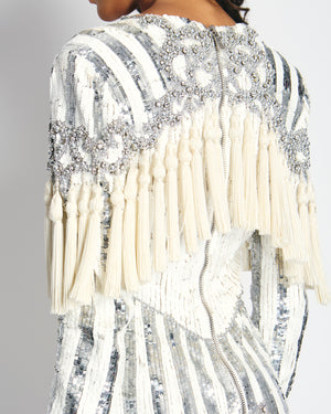 Balmain White and Silver Sequin Embellished Long-Sleeve Mini Dress with Tassel Details Size FR 36 (UK 8)