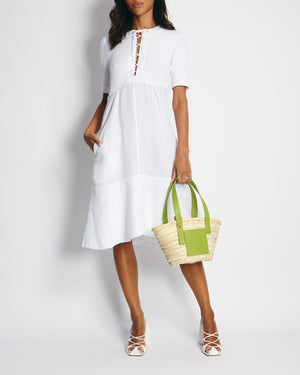 Loewe X Paula
s Ibiza White Mid-Sleeve Ribbed Midi Dress with Pockets and Neck Tie Detail FR 38 (UK 10)