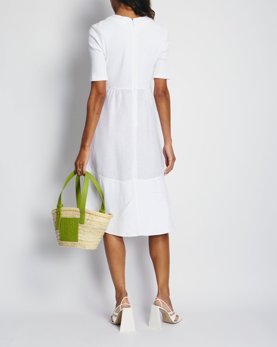 Loewe X Paula
s Ibiza White Mid-Sleeve Ribbed Midi Dress with Pockets and Neck Tie Detail FR 38 (UK 10)