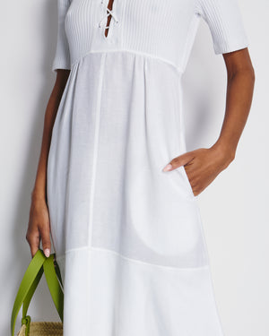 Loewe X Paula
s Ibiza White Mid-Sleeve Ribbed Midi Dress with Pockets and Neck Tie Detail FR 38 (UK 10)