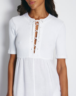 Loewe X Paula
s Ibiza White Mid-Sleeve Ribbed Midi Dress with Pockets and Neck Tie Detail FR 38 (UK 10)