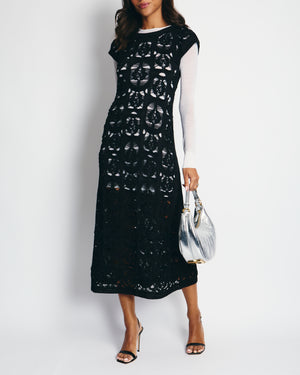 Chanel Black Crochet Short Sleeve Midi Dress with White Long-Sleeve Under-Layer Set Size FR 34 (UK 6)