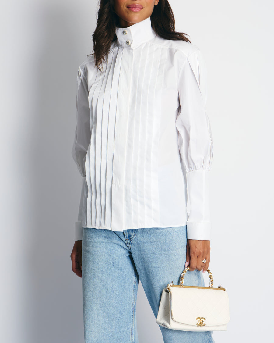 Chanel White Cotton High Neck Pleated Shirt Size FR34 (UK6) RRP £3,720