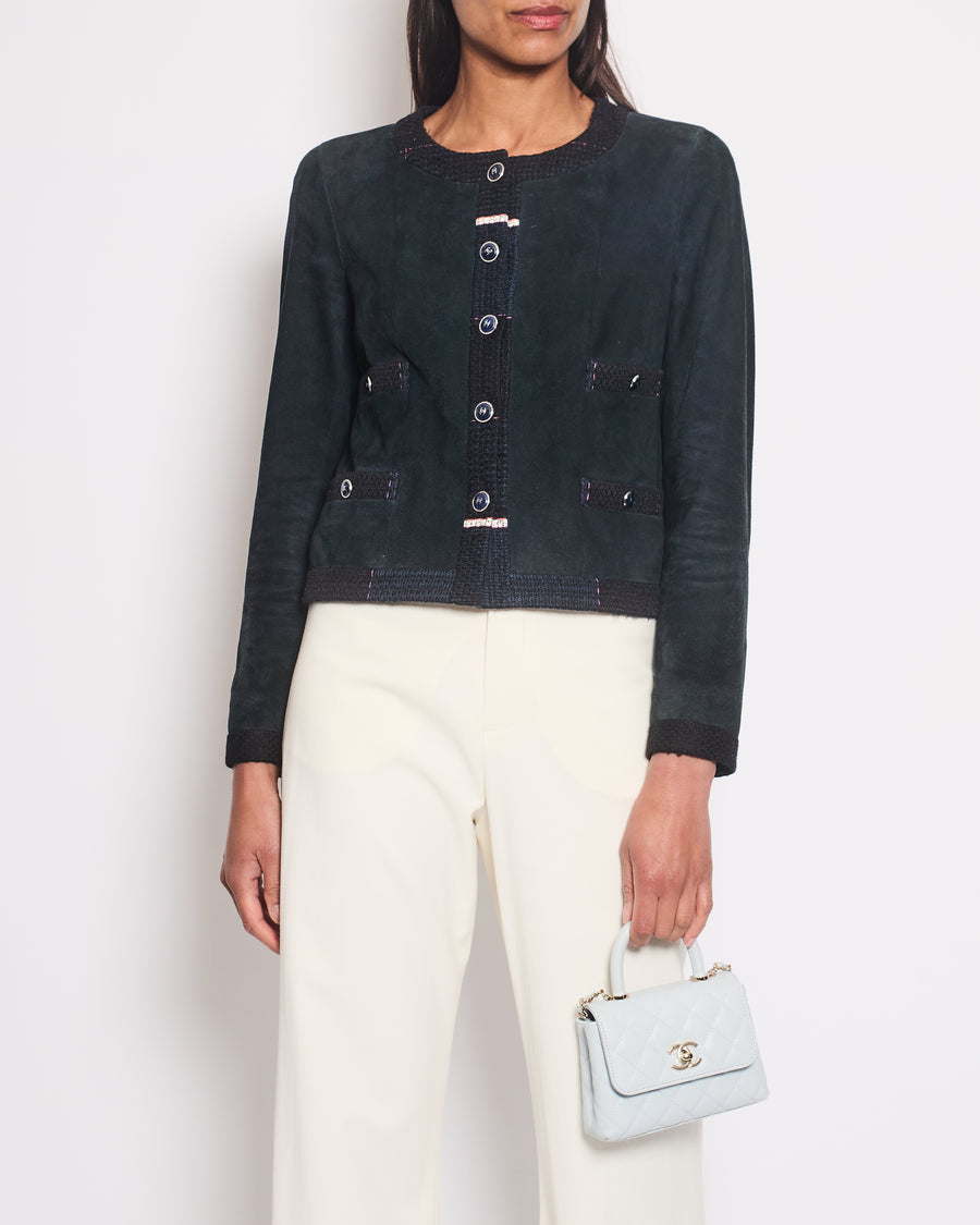 Chanel Navy Suede CC Button Up Jacket With Blue Tweed Trim 
Pocket Detail Size FR 38 (UK 10)