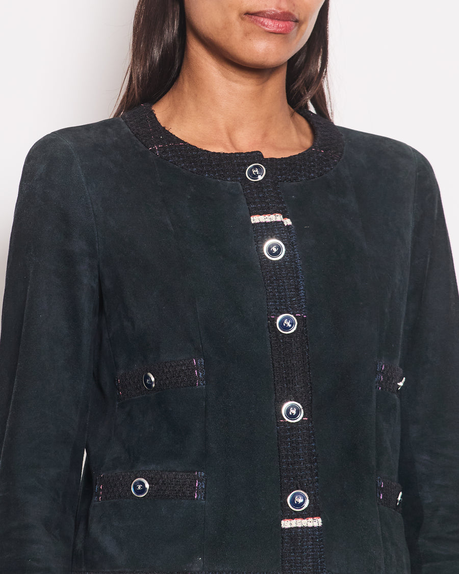 Chanel Navy Suede CC Button Up Jacket With Blue Tweed Trim 
Pocket Detail Size FR 38 (UK 10)