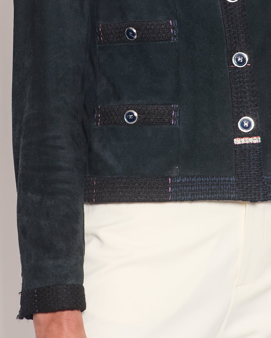 Chanel Navy Suede CC Button Up Jacket With Blue Tweed Trim 
Pocket Detail Size FR 38 (UK 10)