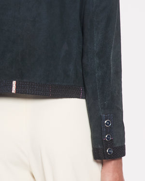 Chanel Navy Suede CC Button Up Jacket With Blue Tweed Trim 
Pocket Detail Size FR 38 (UK 10)