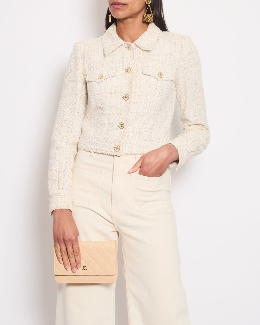 *HOT* Chanel 01P Cream Tweed Long Sleeve Cropped Jacket with CC Beige Buttons Detail Size FR 38 (UK 10)