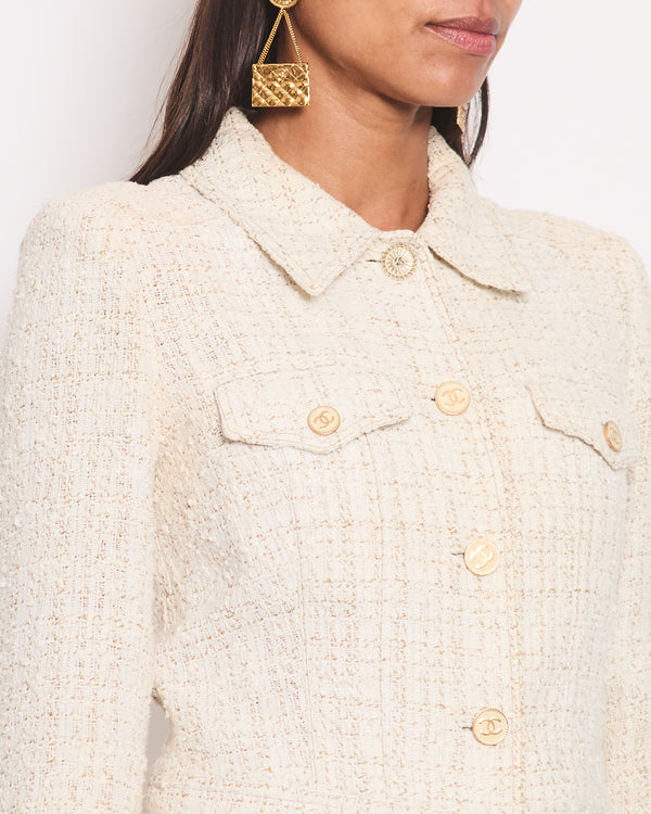 *HOT* Chanel 01P Cream Tweed Long Sleeve Cropped Jacket with CC Beige Buttons Detail Size FR 38 (UK 10)