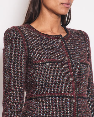 Chanel 02A Navy 
Burgundy Multicolour Tweed Long Sleeve Jacket with Brown Buttons Detail Size FR 38 (UK 10)