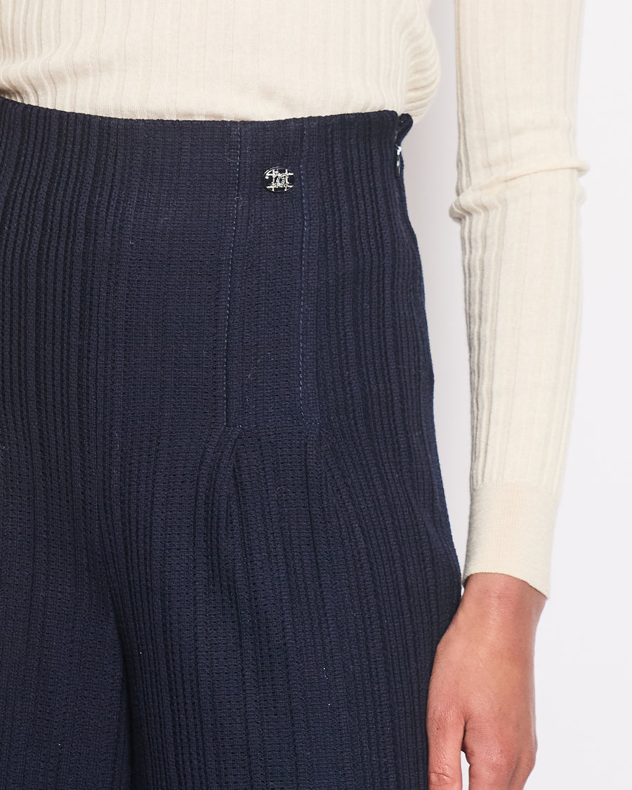 Chanel High Waist Wide Leg Navy Knitted Ribbed Trousers Size FR 38 (UK 10)