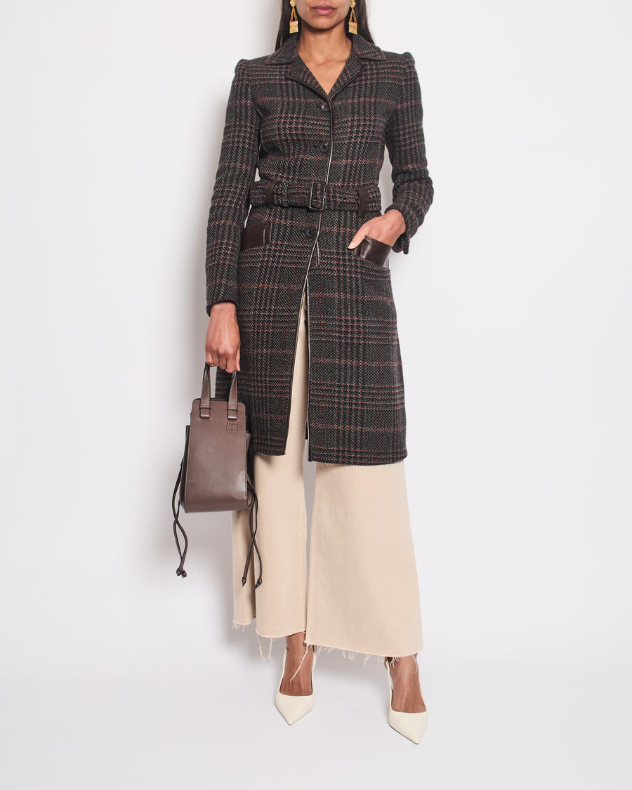 Prada Brown, Grey and Red Checked Coat with Leather Trim and Belt Details Size IT 40 (UK 8)