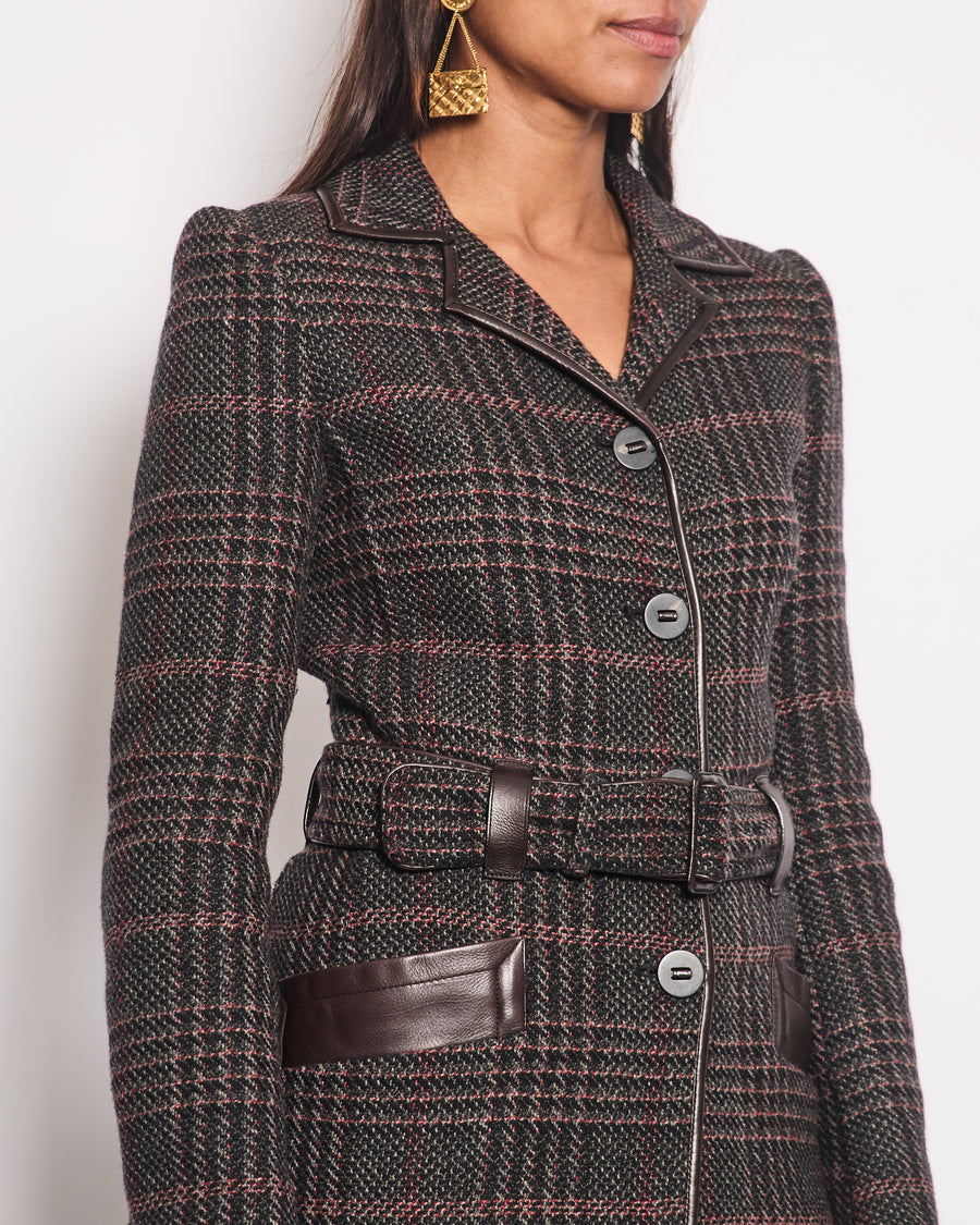 Prada Brown, Grey and Red Checked Coat with Leather Trim and Belt Details Size IT 40 (UK 8)