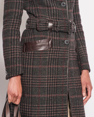 Prada Brown, Grey and Red Checked Coat with Leather Trim and Belt Details Size IT 40 (UK 8)