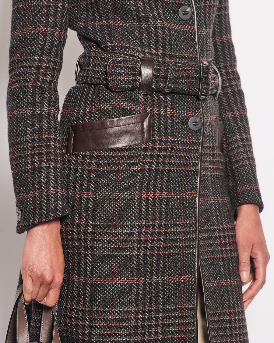 Prada Brown, Grey and Red Checked Coat with Leather Trim and Belt Details Size IT 40 (UK 8)