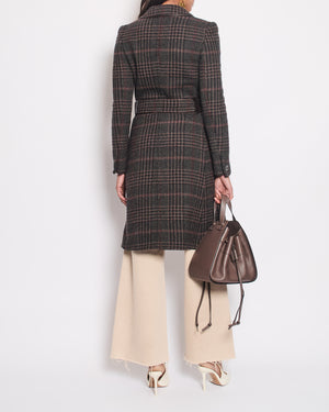 Prada Brown, Grey and Red Checked Coat with Leather Trim and Belt Details Size IT 40 (UK 8)