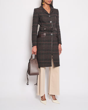 Prada Brown, Grey and Red Checked Coat with Leather Trim and Belt Details Size IT 40 (UK 8)