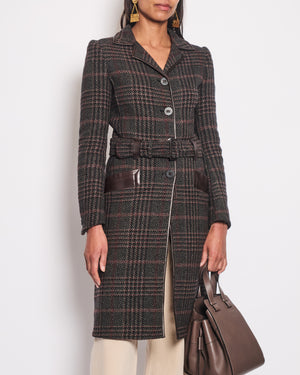 Prada Brown, Grey and Red Checked Coat with Leather Trim and Belt Details Size IT 40 (UK 8)