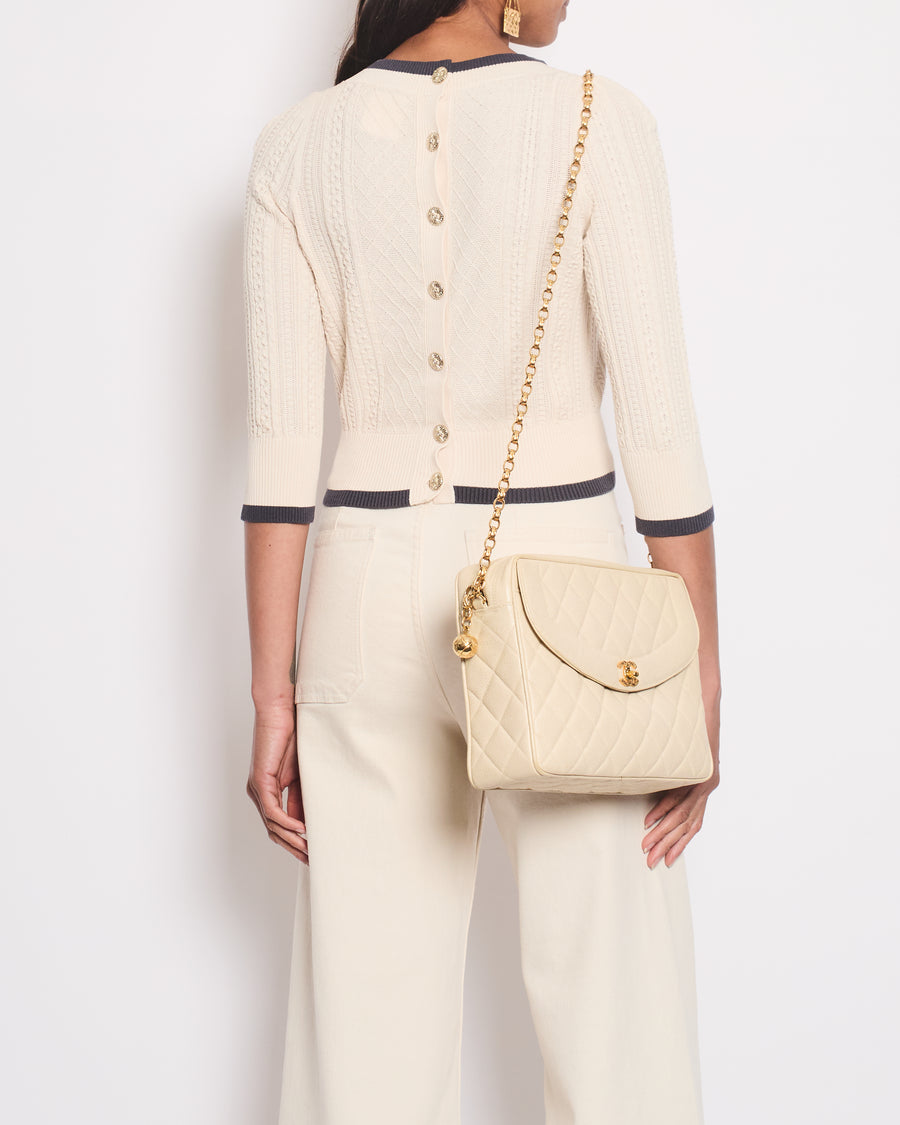 Chanel Cream Knitted Long Sleeve Cardigan With Dark Grey Trim and Gold Buttons Details Size FR 38 (UK 10)