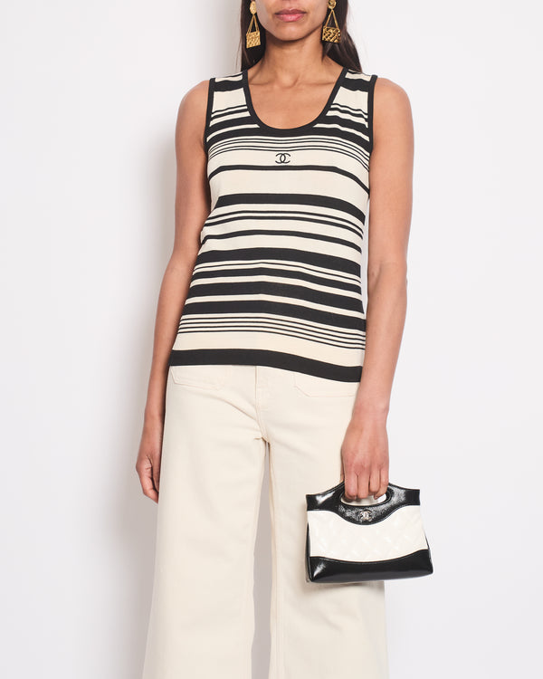 Chanel Black 
Cream Striped Sleeveless Top with CC Detail FR 36 (UK 8)