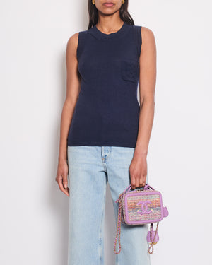 Chanel Navy Cashmere Fine Knit Sleeveless Top With Camelia Pocket Detail FR 36 (UK 8)