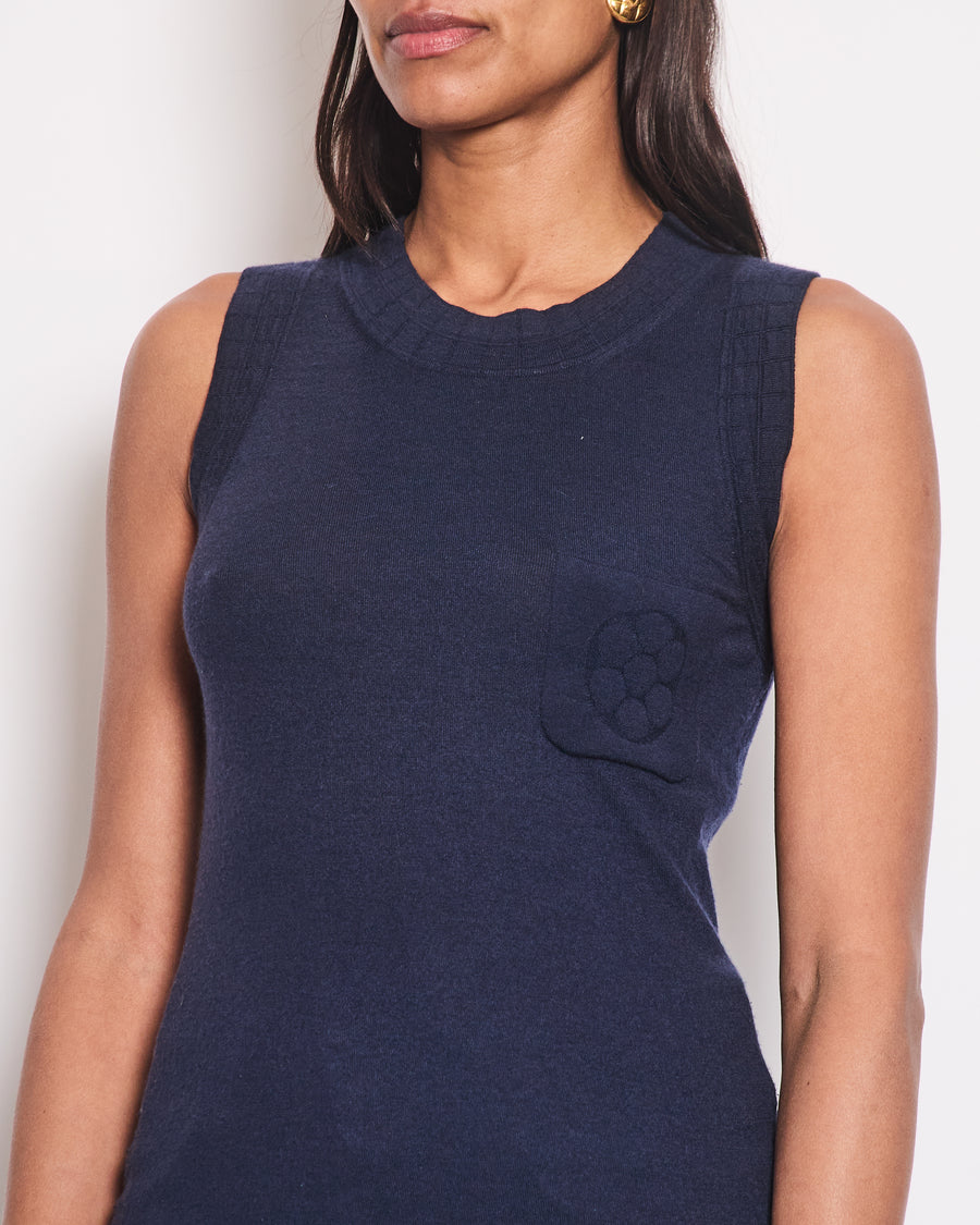 Chanel Navy Cashmere Fine Knit Sleeveless Top With Camelia Pocket Detail FR 36 (UK 8)