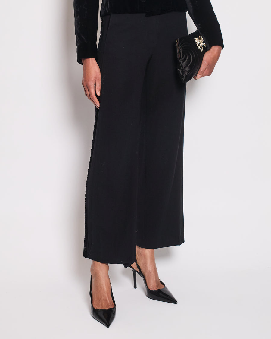 Chanel Black Wide Leg Trousers With Velvet Side Trim Size FR 38 (UK 10)