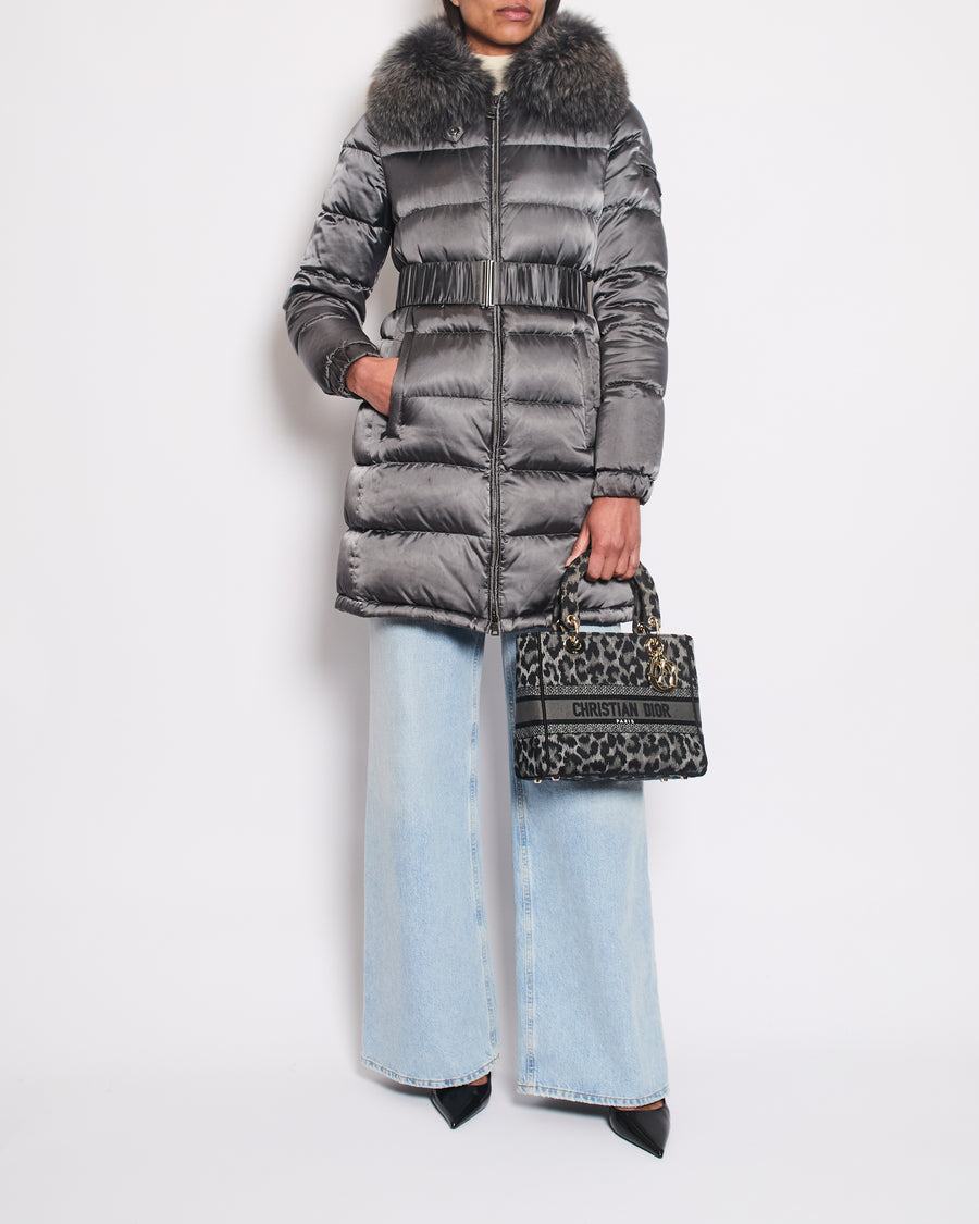 Prada Grey Down Puffer Coat with Fox Fur Collar and Detachable Hood Detail Size IT 40 (UK 8)