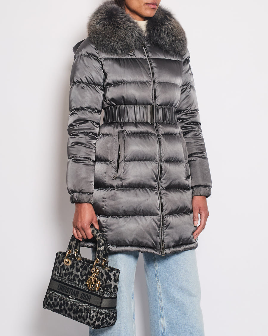 Prada Grey Down Puffer Coat with Fox Fur Collar and Detachable Hood Detail Size IT 40 (UK 8)