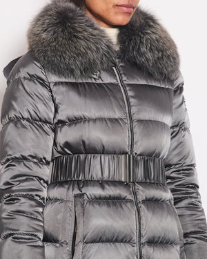 Prada Grey Down Puffer Coat with Fox Fur Collar and Detachable Hood Detail Size IT 40 (UK 8)