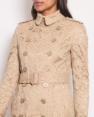 Burberry Beige Lace Trench Coat with Belt and Pearlescent Button Details Size UK 6